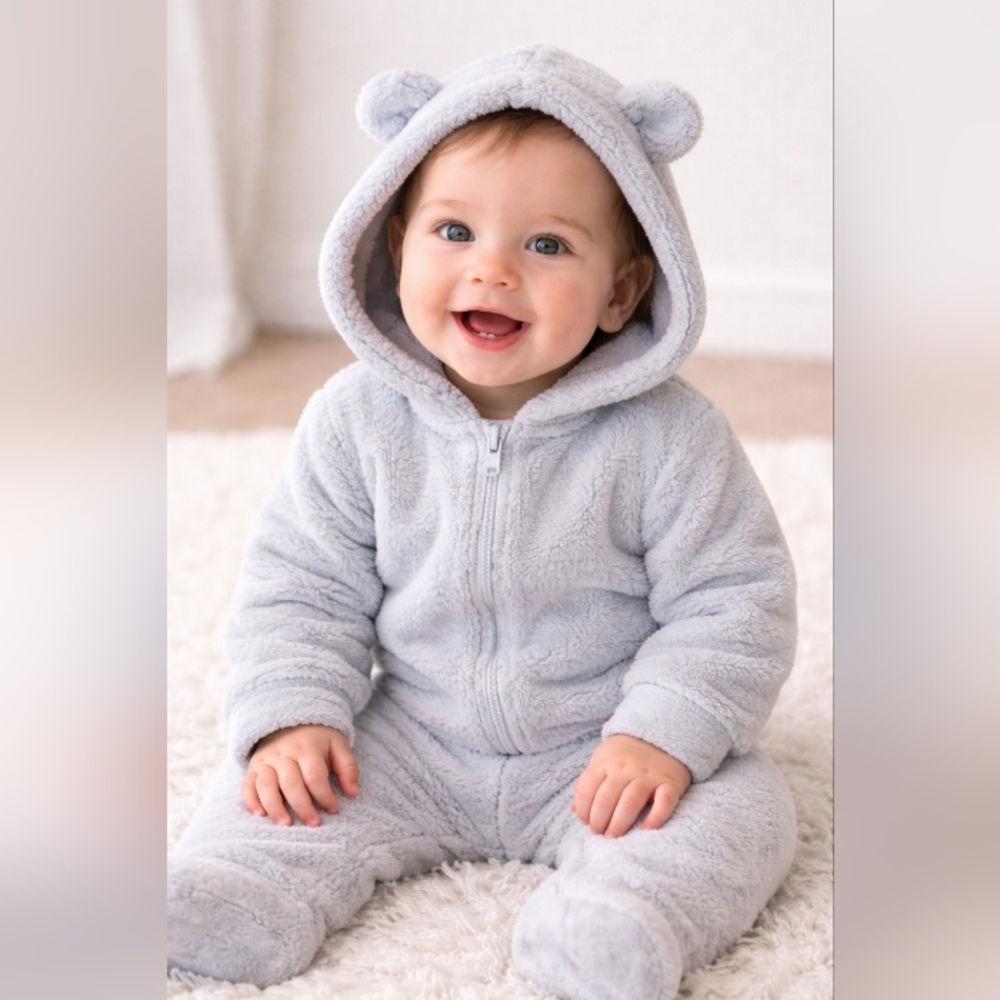 The Little White Company Cozy Gray Hooded Kids One Piece Size 9-12 Months